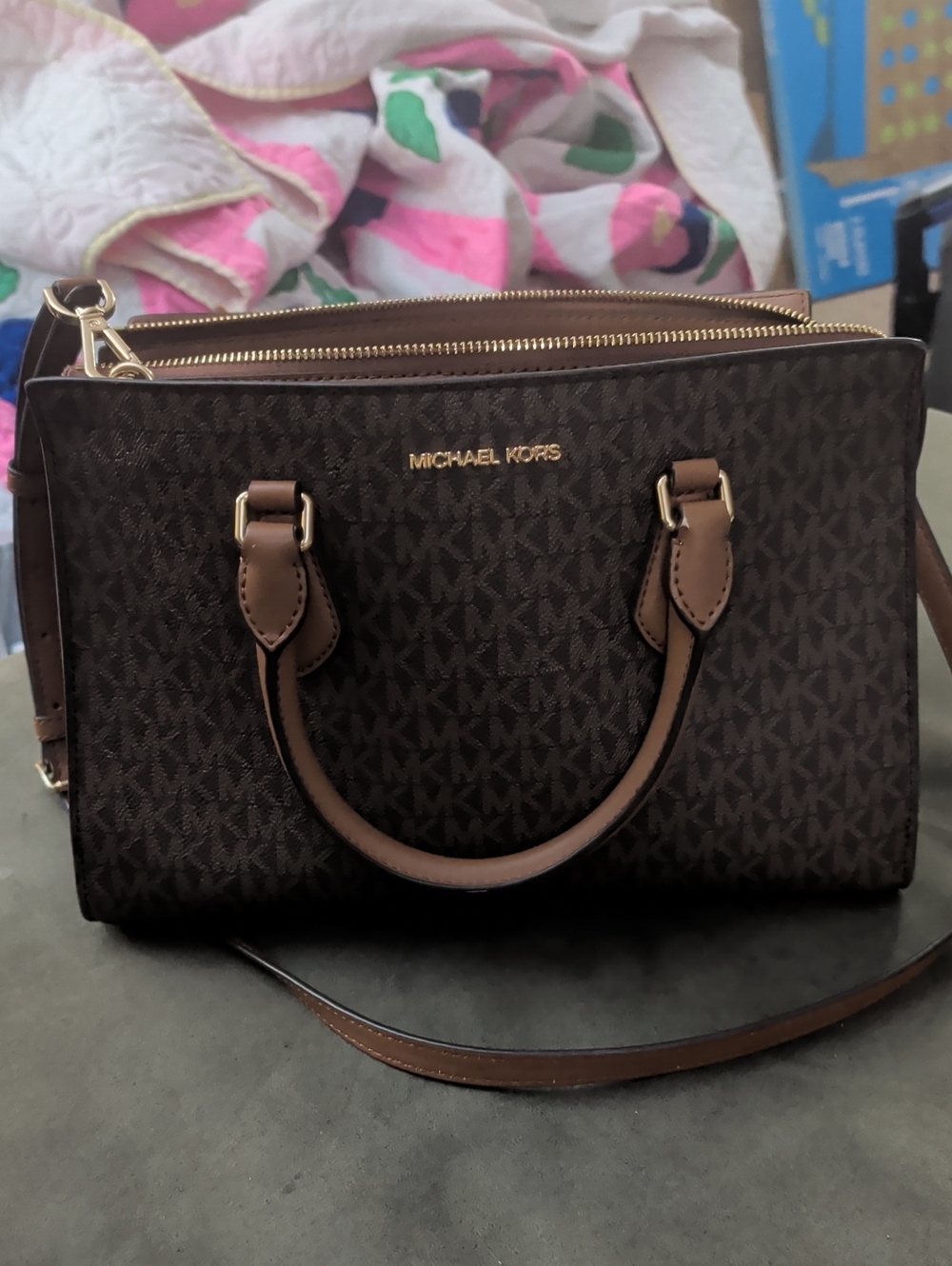 Michael Kors Brown Monogram Satchel with Tan Leather Trim
